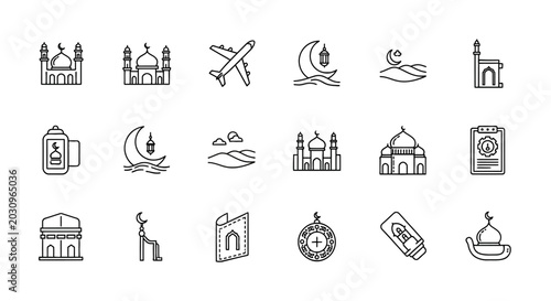 Bild auf Leinwand Islamic Ramadan line icon set, 18 religious vector symbols of mosque and crescen