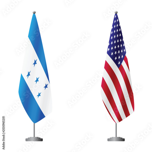 Cuadro en lienzo Honduras and United States flags on flagpoles for official ceremonies and meetin
