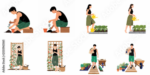 Foto Vector illustration set of young people engaged in various gardening activities like planting, watering, and tending to organic vegetables in a home garden