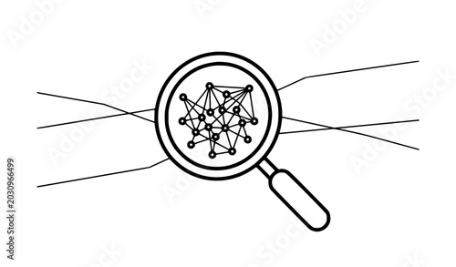 Фотография Data network analysis and research vector icon concept, magnifying glass zooming on complex connected nodes, abstract science and big data technology outline illustration on white background