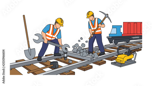 Tableau sur toile Railway Workers on Duty: Two construction workers in hard hats and safety vests labor on a railway track, one using a wrench and the other a pickaxe, with a compactor and a freight train nearby
