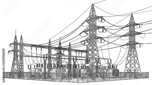 Electric power transmission towers and substation infrastructure.