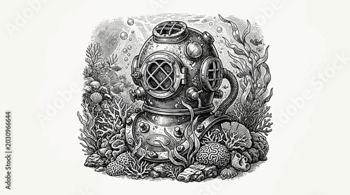 Vintage diving helmet on ocean floor.