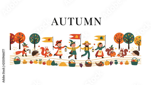 Foto Autumn Festival Parade: A whimsical procession celebrates the autumn season, featuring costumed children, woodland creatures, and festive harvest elements like pumpkins and apples