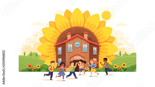 Back to School Happiness: Children with backpacks joyfully run towards a charming school building, framed by a giant sunflower and a sunny sky, symbolizing the bright start of a new academic year.