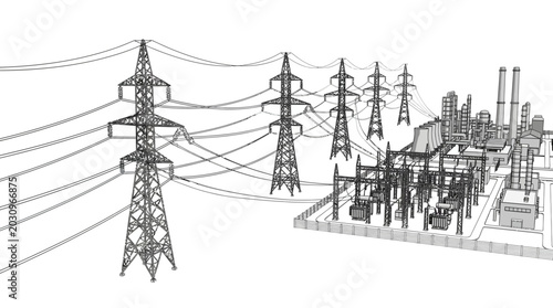 Electric power transmission towers and industrial plant.