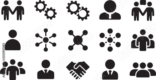 Collection of black professional business icons representing human resources team collaboration networking connection partnership corporate management and social communication digital symbols