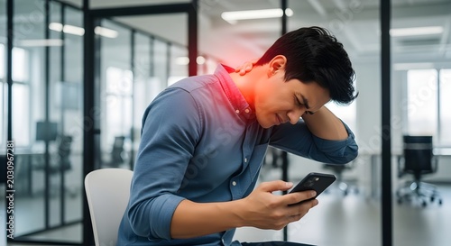 Office worker suffering from neck pain and digital eye strain. Workplace ergonomics and posture. Man holding his glowing painful neck while using a smartphone in an office