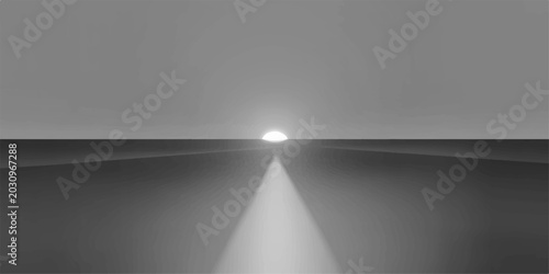 Konstfotografi The sun emerges from a flat horizon, casting a radiant beam of light across a desolate, monochrome landscape, evoking a sense of isolation and hopeful new beginnings