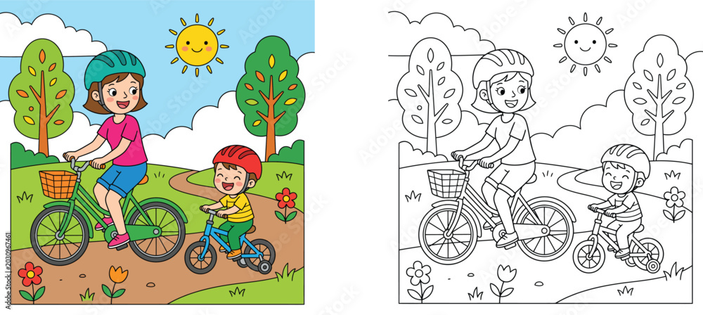 Fototapeta premium Happy Mother and Son Riding Bicycles in a Sunny Park Illustration and Coloring Page for Kids, Family Outdoor Activity with Bikes, Trees, and Flowers Cartoon Vector