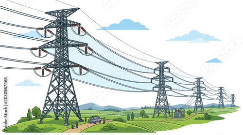 Electric power transmission towers in landscape.