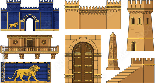 Foto Ancient Babylon Architecture Vector Collection Featuring Ishtar Gate, Fortress W