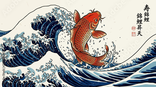 A vibrant orange koi fish jumping out of a large wave.