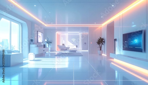Futuristic Smart Home Interior with Neon Lighting and Modern Furniture.