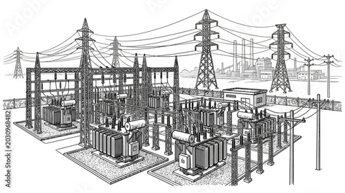 An illustration of a power substation with transmission towers and electrical infrastructure.