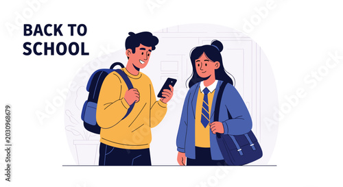 Happy students with backpacks talking back to school