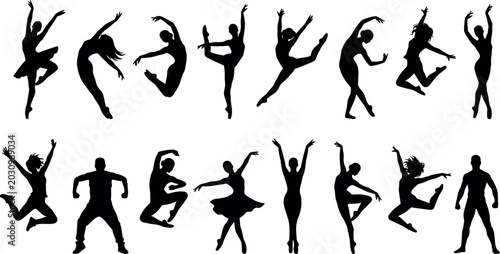 Foto Dynamic Ballet and Contemporary Dancer Silhouette Set with Expressive Poses for