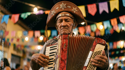 Portrait of a Senior Musician Playing Accordion in Traditional Leather Hat
