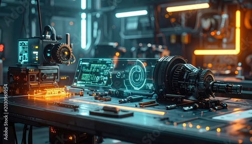 Futuristic Sci-Fi Workshop with Advanced Technology and Holographic Displays.