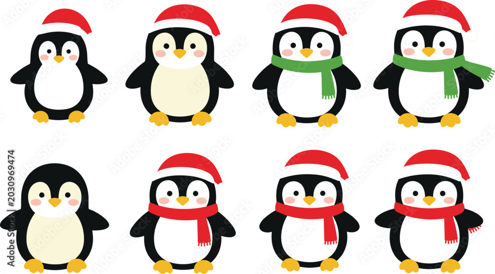 Fototapeta premium Cute Christmas Penguin Vector Set Wearing Santa Hats and Winter Scarves for Holiday Greeting Cards Nursery and Festive Graphic Designs