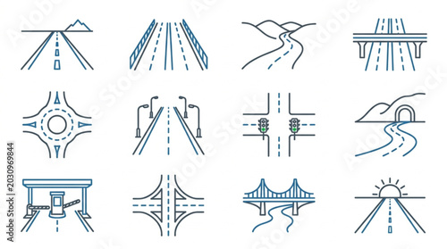 Collection of stylized road and highway icons and illustrations.