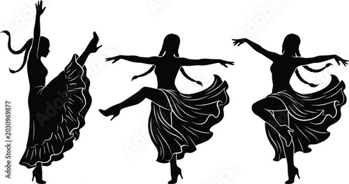 Foto Black silhouettes of three dancers in motion with flowing hair and ribbons dynam