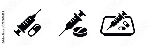 Foto Medical Treatment Icons for Injection Medication and Pharmaceutical Pill Tray