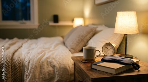 Bedside Table with Alarm Clock and Mug in Cozy Bedroom