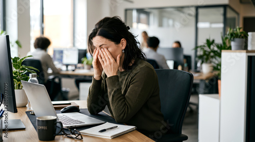 Businesswoman Covering Face from Work Stress in Open Office