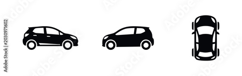 Foto Set of three black car icons, different views.