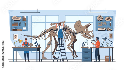 Foto Paleontology Laboratory: Paleontologists meticulously assemble a dinosaur skeleton in a brightly lit laboratory, surrounded by fossils, microscopes, and scientific equipment
