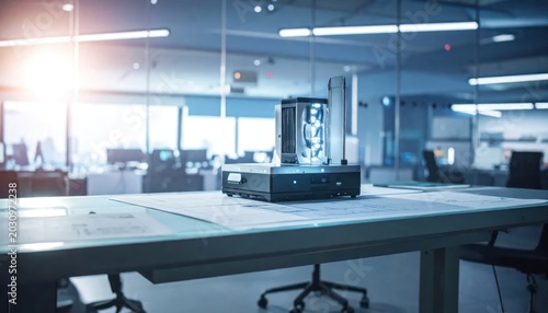 Futuristic Robotic Device on a Table in a Modern Office.