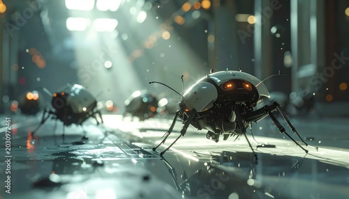 Futuristic Robotic Insects Crawling on Wet City Street.