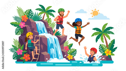 Fotografía Tropical Adventure: A group of friends embarks on an exhilarating adventure, sliding down a waterfall and splashing into a refreshing pool, surrounded by lush palm trees and vibrant tropical flowers