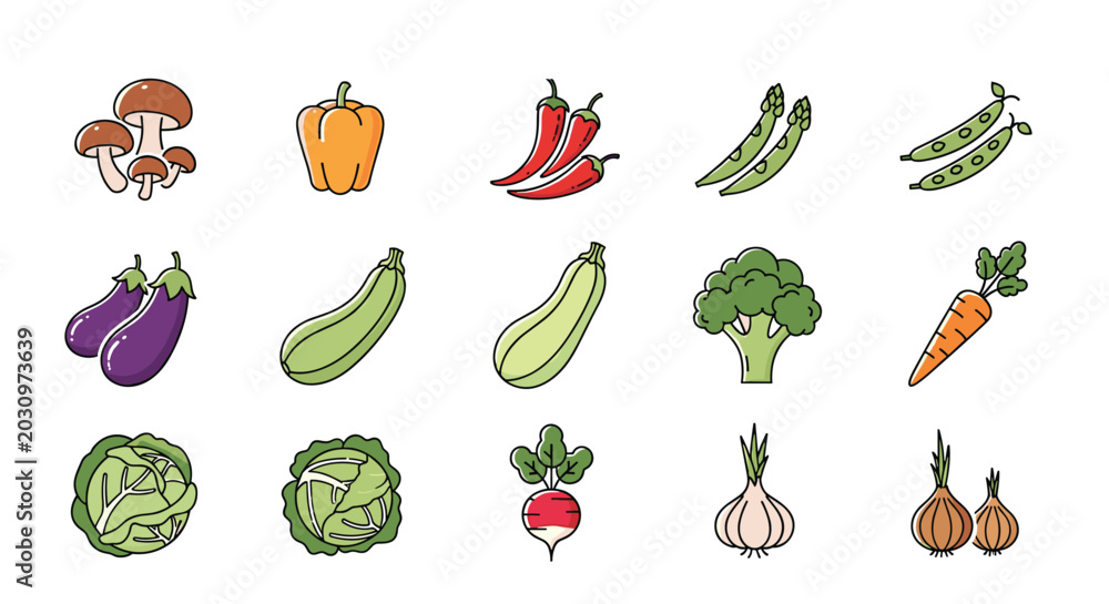 Fototapeta premium Comprehensive set of flat color icons featuring different fresh vegetables like peppers broccoli carrots and onions for healthy eating.