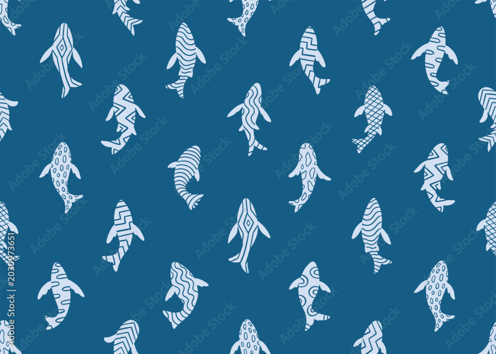 Fototapeta premium Abstract blue fish with patterns seamless pattern background. Vector illustration art backdrop