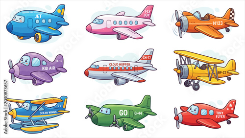 Cute Cartoon Airplane Collection Featuring Various Commercial Jets, Propeller Planes, Biplanes, and Seaplanes for Kids Illustration