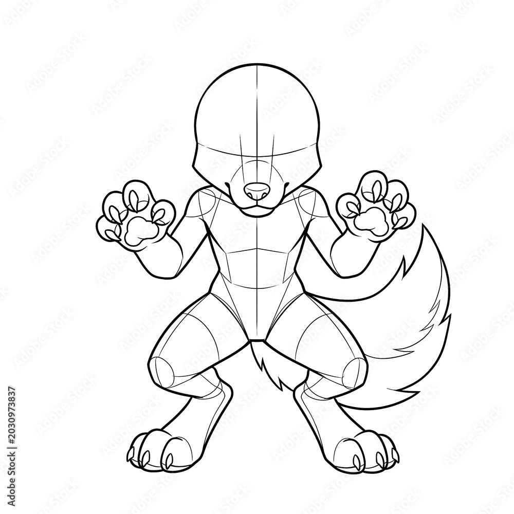 Fototapeta premium Hand drawn ink line art of chibi male canine anthropomorphic furry base crouching pose front view.