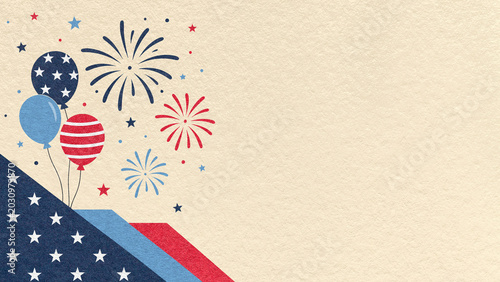 4th of July Independence Day cream textured paper background with red blue fireworks and balloons with copy space for banner