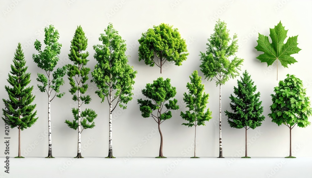 Fototapeta premium Collection of diverse green trees and a single leaf against white