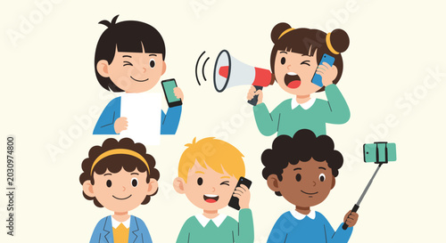 Group of diverse children engaging in various communication activities using smartphones, a megaphone, a selfie stick, and written messages.
