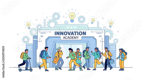 Innovation Academy Entrance: Students with backpacks and scooters are arriving at the Innovation Academy, a modern building with gears and lightbulbs symbolizing creativity and new ideas.