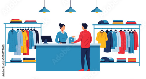 Customer being served by a helpful shop assistant at a counter in a modern clothing store with racks of organized garments.