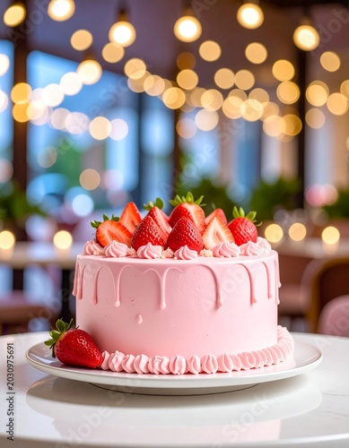 A slice of strawberry cake on a white plate
