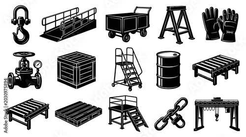 Industrial, Warehouse, and Logistics Equipment Set. Monochrome Glyph Line Art Vector Collection