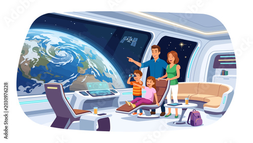 Konstfotografi Family on Space Station Tour: A family enjoys a breathtaking view of Earth from the observation deck of a futuristic space station, pointing out continents and celestial bodies