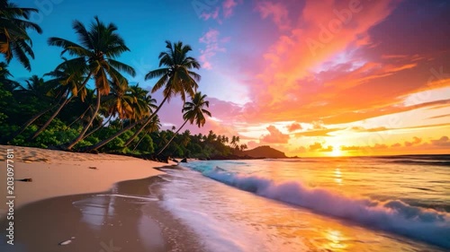Tropical beach sunset with palm trees and colorful sky over the ocean waves