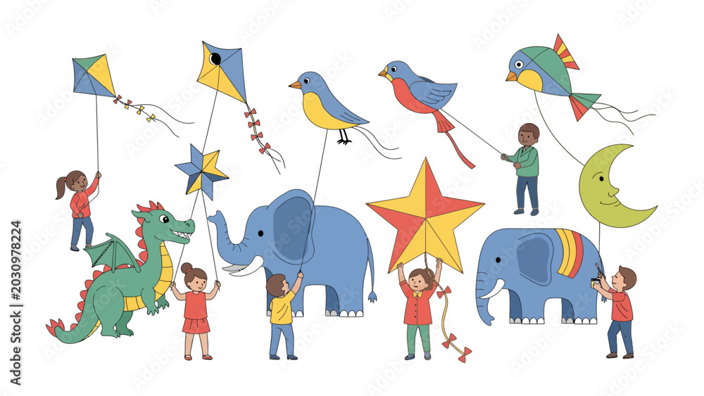 Fototapeta premium Childhood Joy and Imagination: A vibrant collection of children engaged in outdoor play, flying kites shaped like a dragon, fish, and star, alongside toy elephants and birds.
