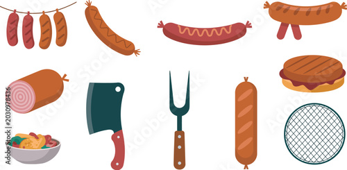 Photos Grilled, sausage and BBQ meat vector icon set featuring hot dog, bratwurst, sala
