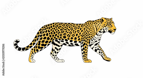 A stylized leopard walks with a white background